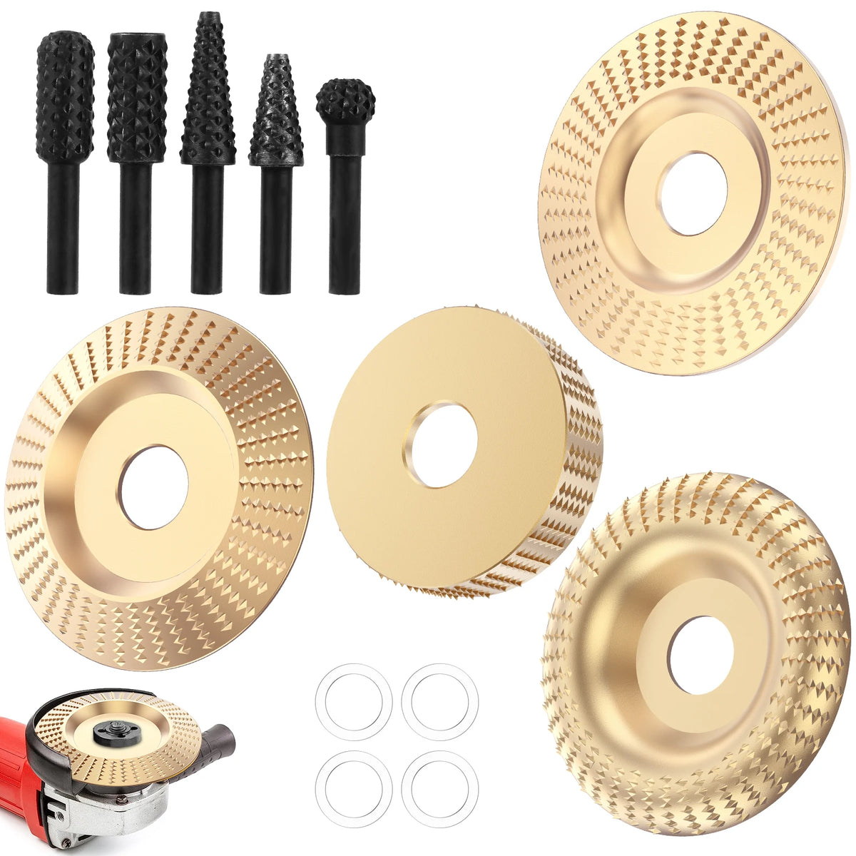 Wood Carving Disc Set For Angle Grinder 16mm A3 Steel Anti Clog Shaping Sanding Wheel Flat Curved Beveled For Woodworking Stump Zpaxo Set D