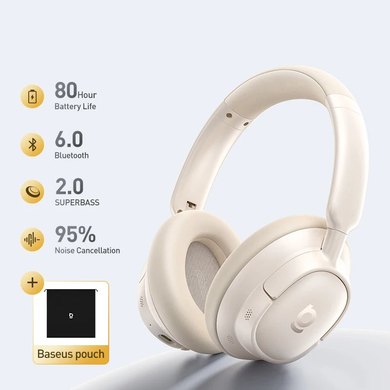 Baseus Bass BH1 NC Lite ANC Wireless Headphones 95 Noise Cancelling Zpaxo White add pouch China Mainland