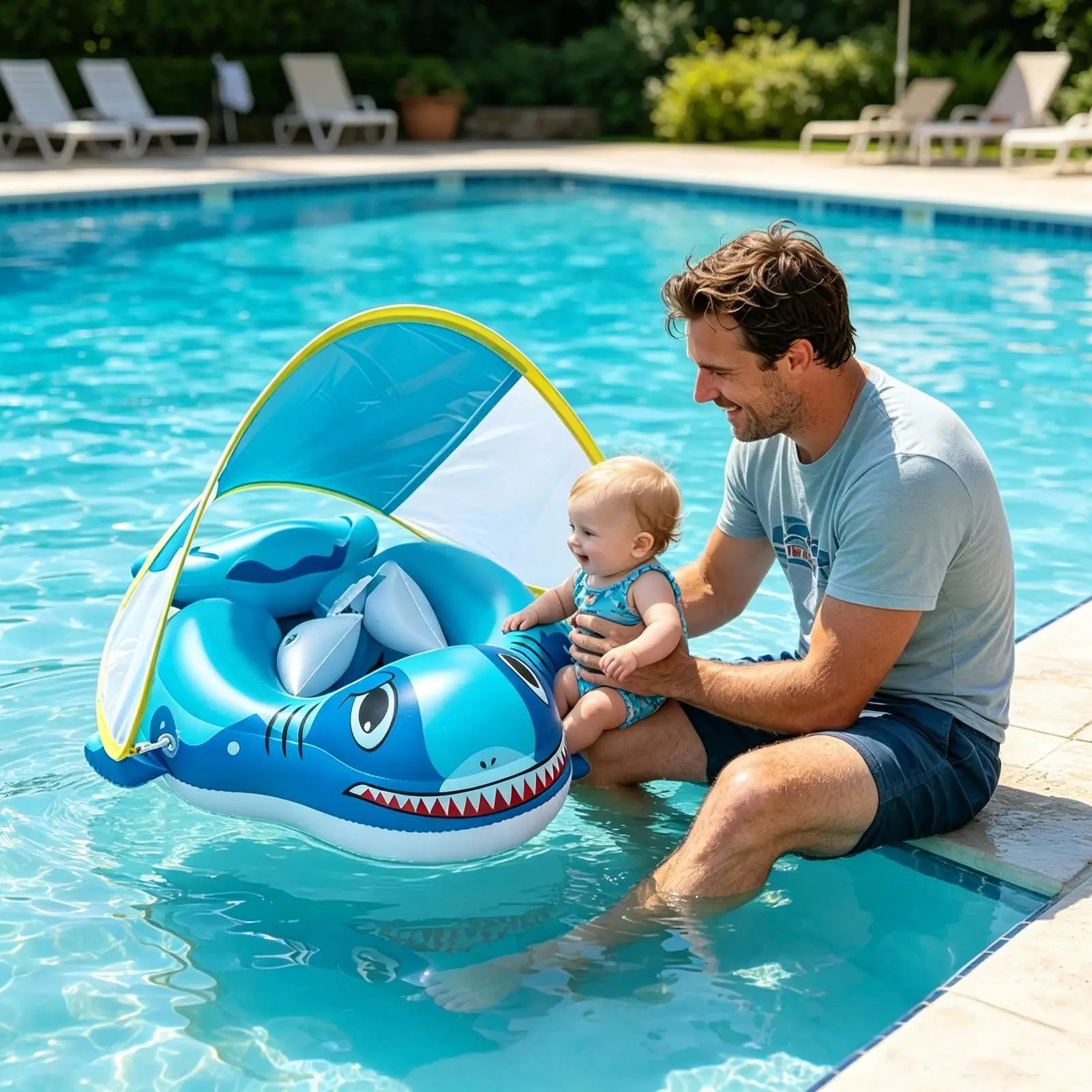 Kids Floats For Pool Inflatable Swimming Ring With Sun Shade Floating Water Chair For Boys Girls Ages 6-48 Months Outdoor River Zpaxo