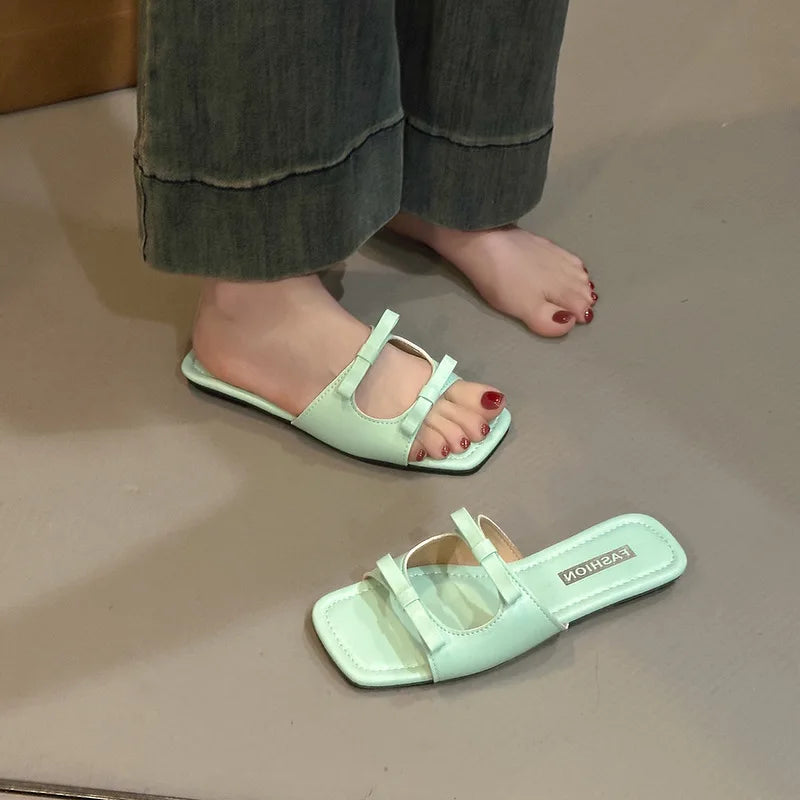 2025 Summer Designer Dress Slides Beach Shoes Women Bow Flat Slippers Women's Shoes Open Toe Flat Slippers for Women Zpaxo