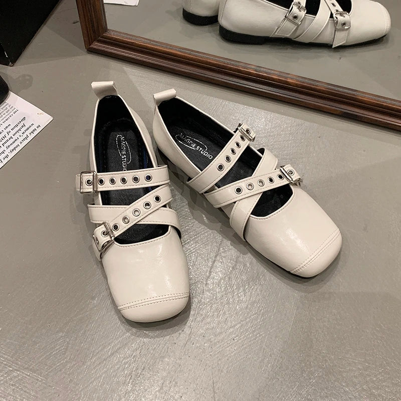 Square Toe Loafers Shoes Woman Soft Leather Retro Sandals Shallow