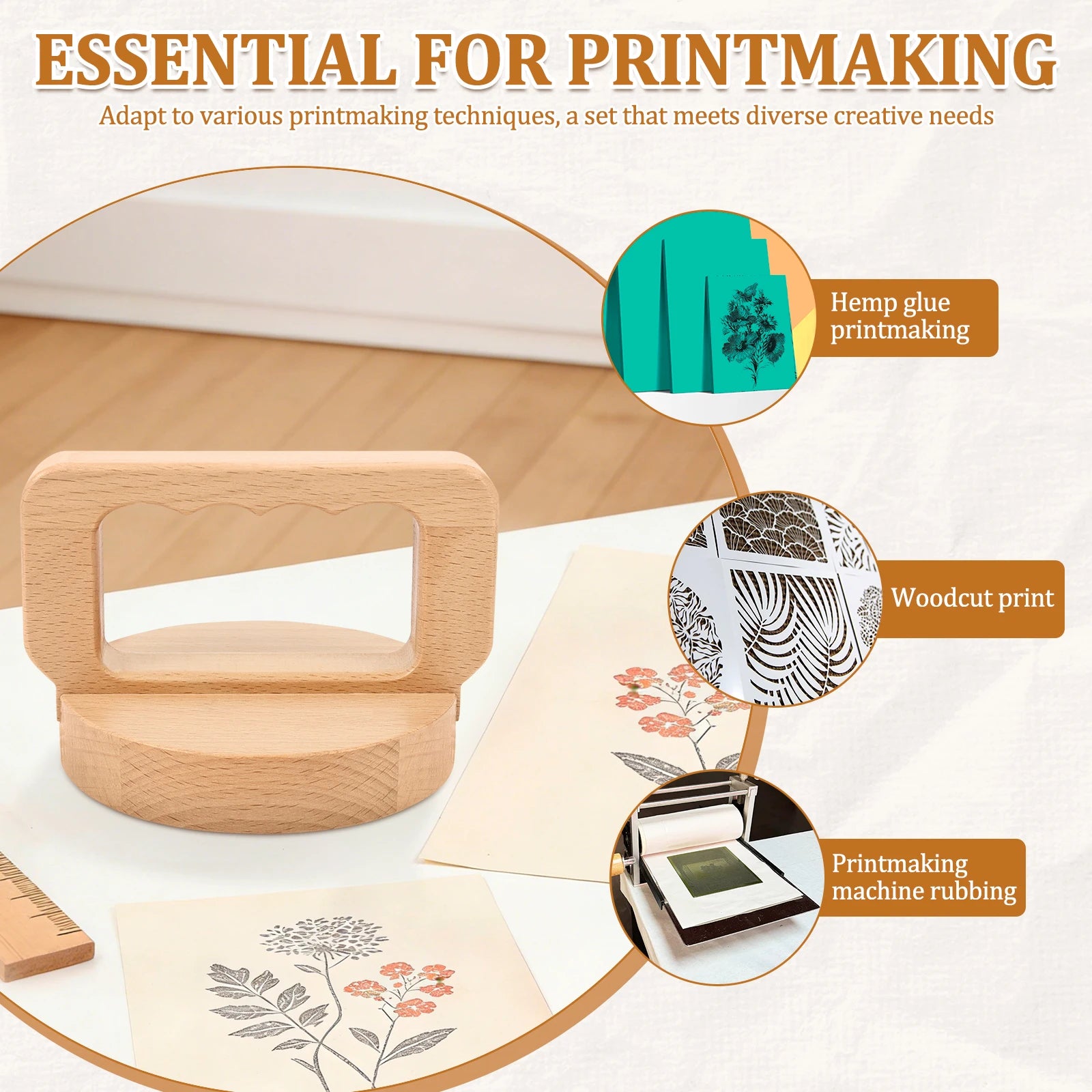 Wood Block Printing baren Bamboo and Wood Baren for Printmaking with Comfortable Ergonomic Handle - Linocut Block Printing - Bar Zpaxo