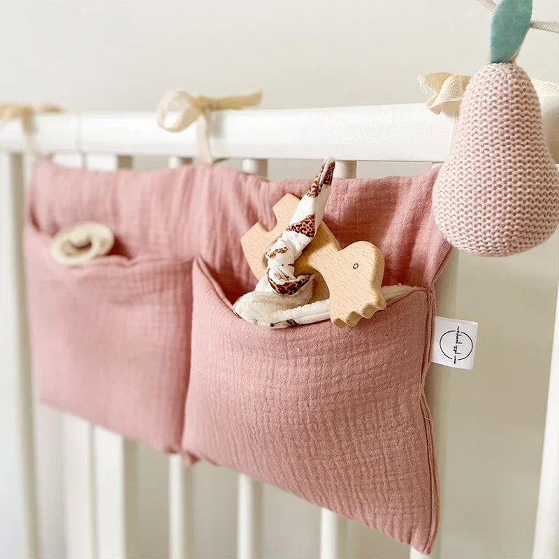 Baby Crib Storage Bag Cotton Double Pouch Newborn Bed Headboard