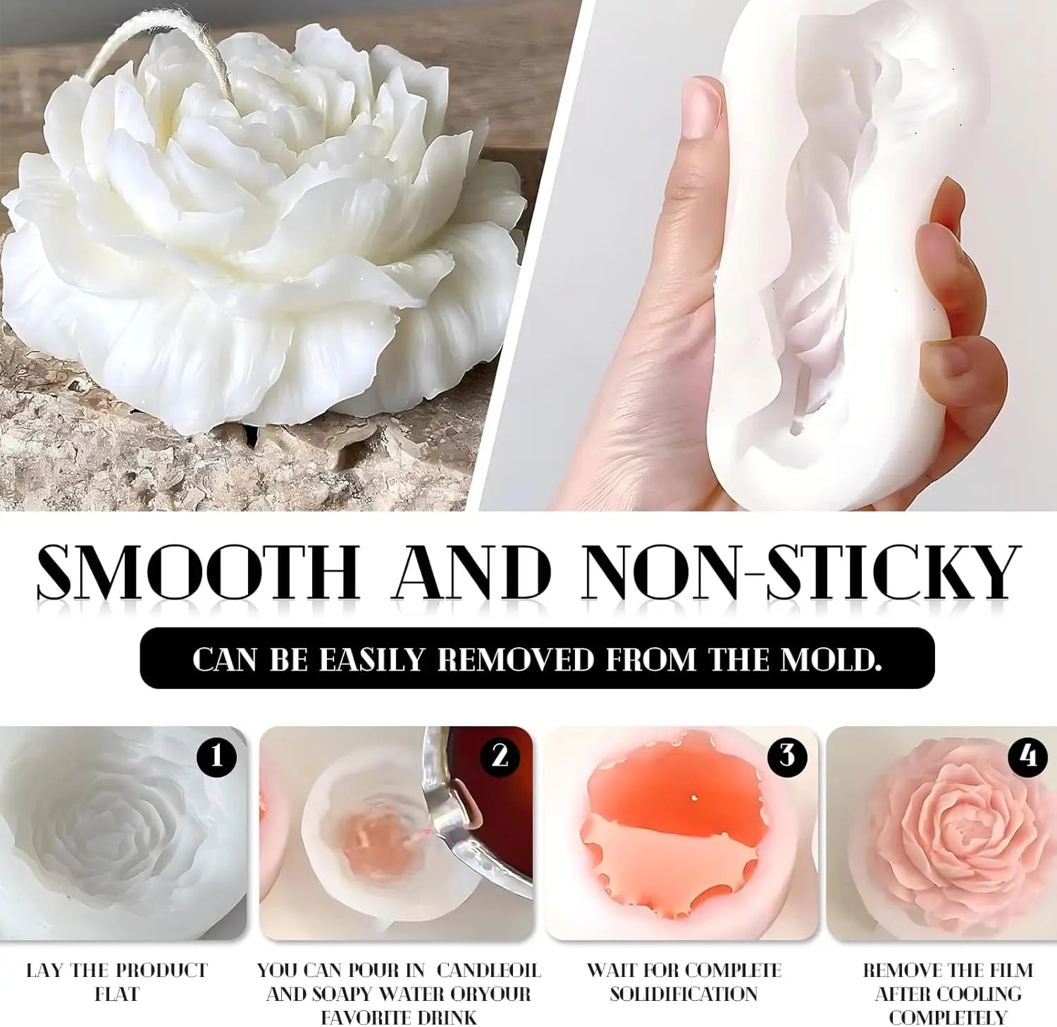 3D Peony Silicone Candle & Soap Mold Kit with 10 Wicks Candle Soap Mold Kit Zpaxo