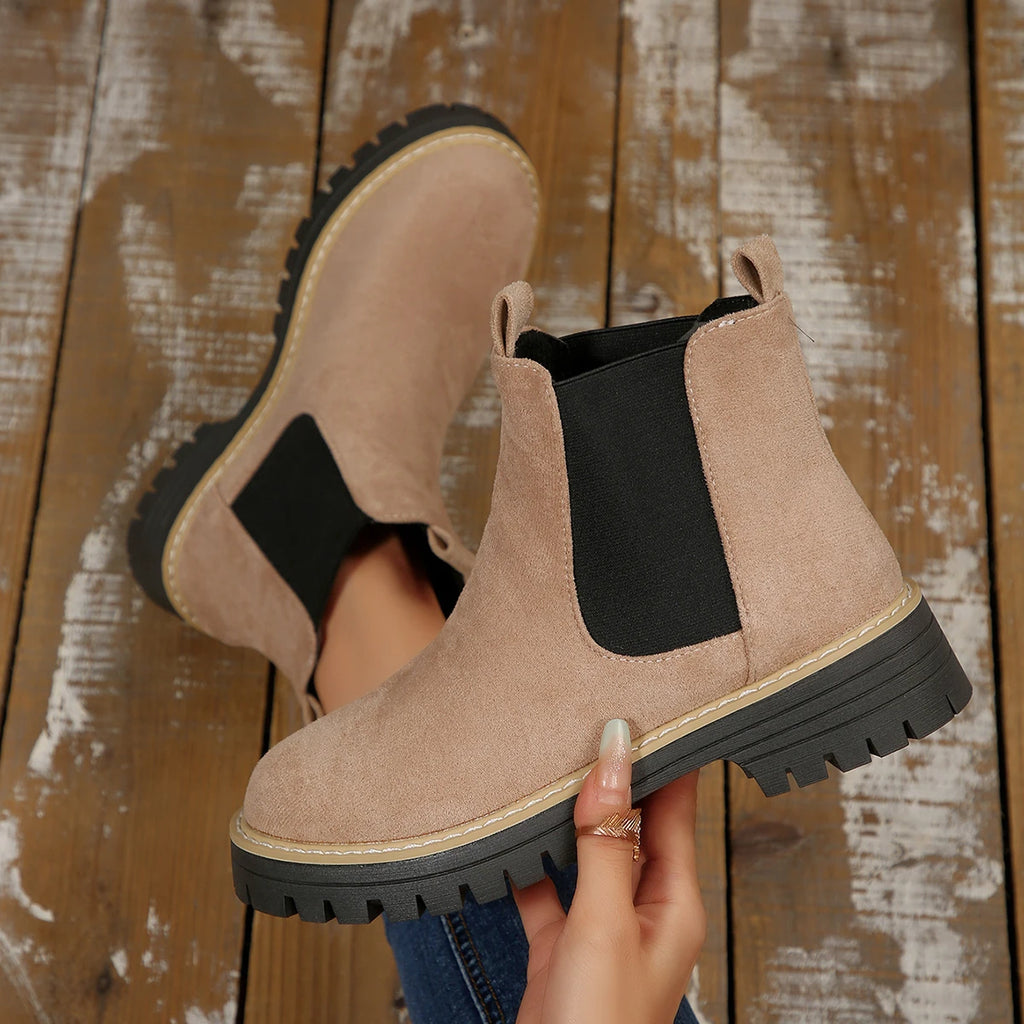 2025 New Women Boots Thick Sole Casual Chelsea Boots Autumn Outdoor Shoes Women Chunky Heel Platform British Style Ankle Boots Zpaxo Beige 43