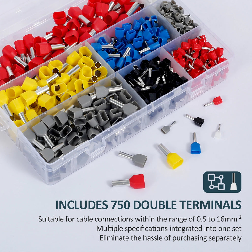 750PCS Double Wire End Ferrules Kit Multipurpose Reliable Twin Wire End Ferrules with Box Easy to Utilize for Cable Connecting Zpaxo