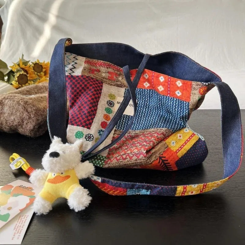 Double-sided Bag Bohemian Denim Canvas Bag Versatile Commuter Tote Bag Available on Both Sides Retro Contrasting Messenger Bag Zpaxo