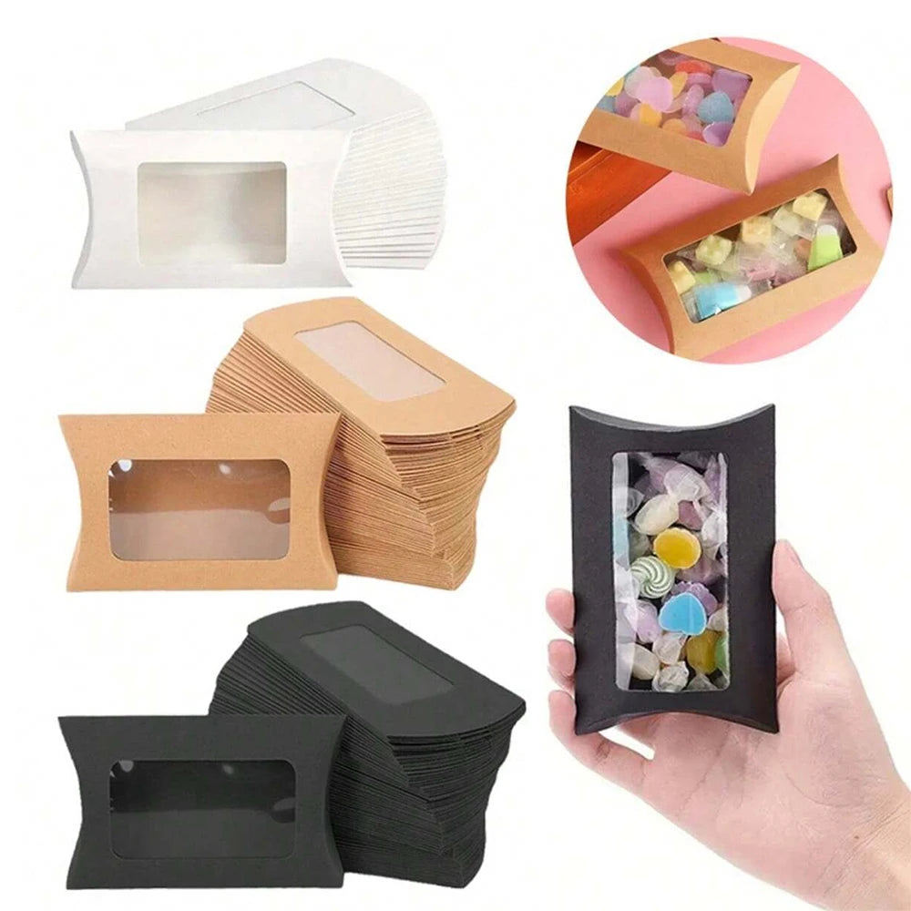 50Pcs Kraft Paper Pillow Box with Clear Window Party Favors Mini Pillow Packaging Box for Candy Chocolate Gift Jewelry Wedding Zpaxo