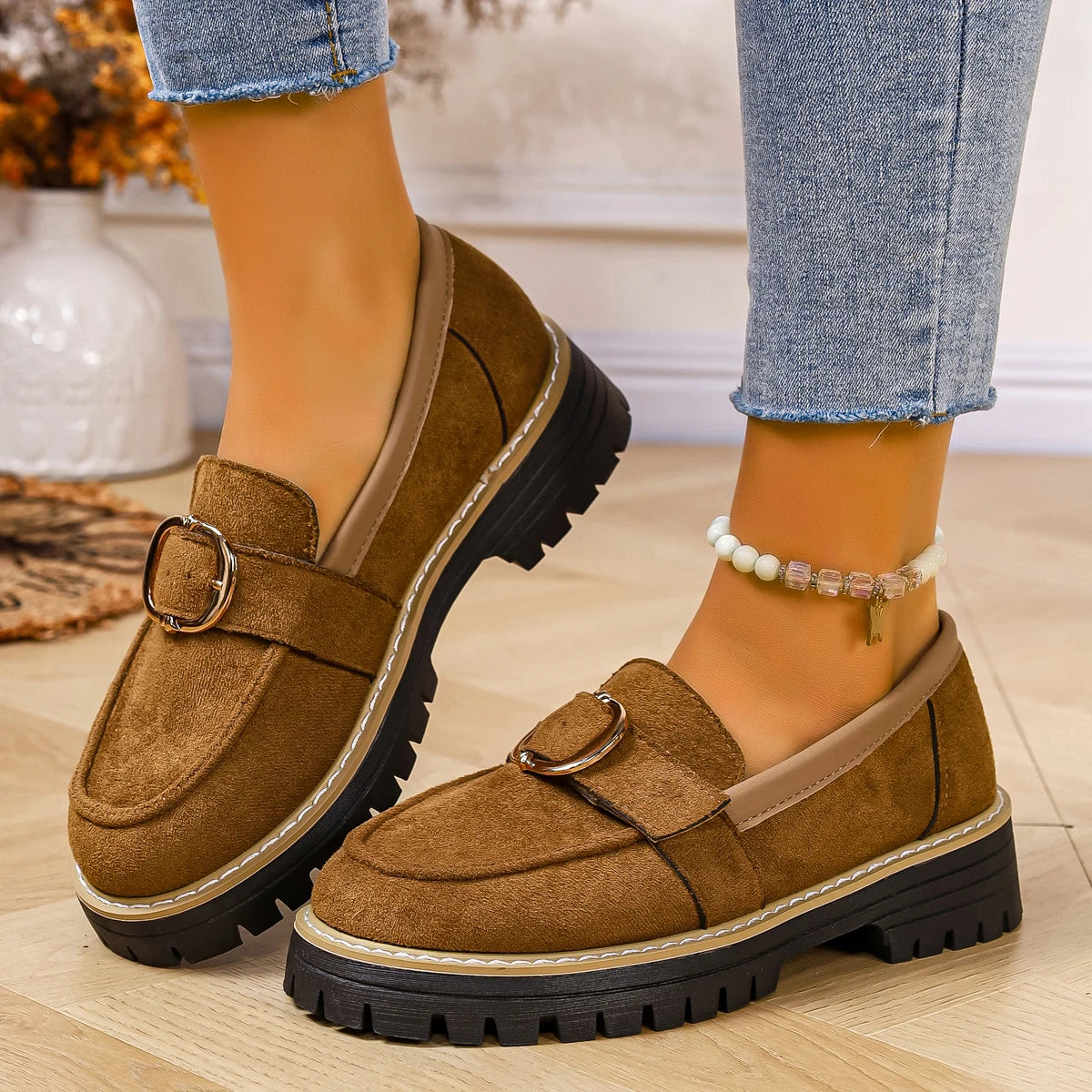 Woman Loafers British Thick Heel Round Toe Woman Shoes Retro Autumn Large Size Shoes Ladies Rubber Outsole Casual Sneakers Women Zpaxo camel 36
