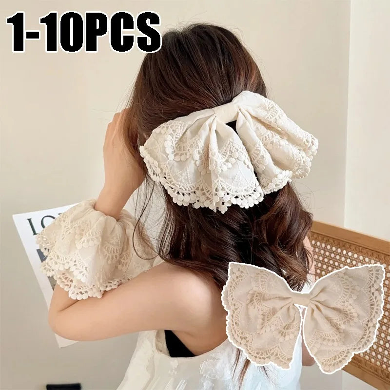 Beige Floral Embroidered Lace Bow Hair Clip Sweet Fashionable Girls