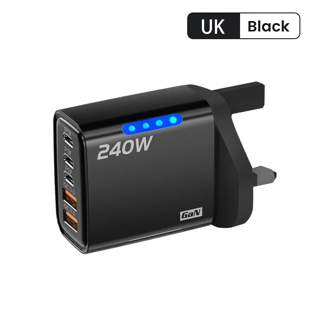 240W 5-Port Fast Charger – USB-C PD & QC 3.0 Wall Adapter Multi-Port Wall Charger Zpaxo UK Black