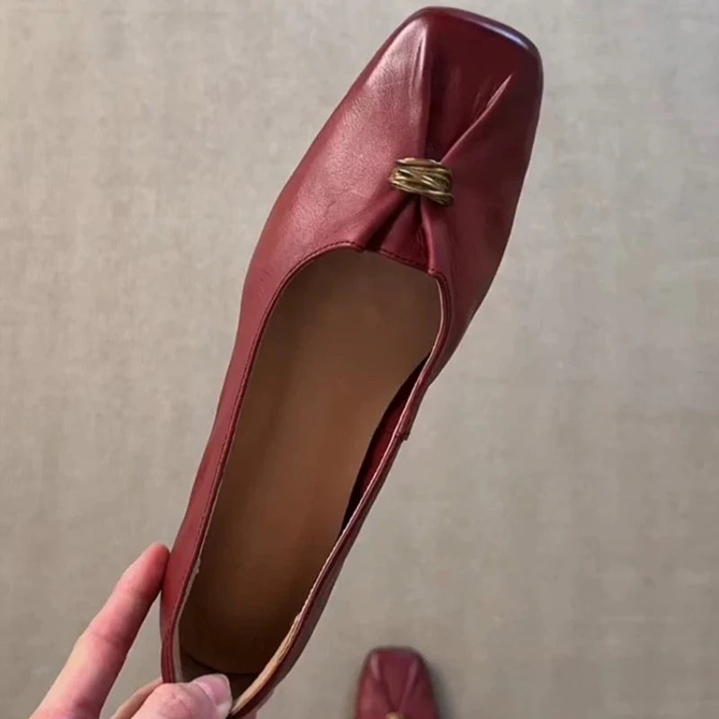 Fashion Women Female Square Toe PU Leather Loafers Shoes Woman Retro