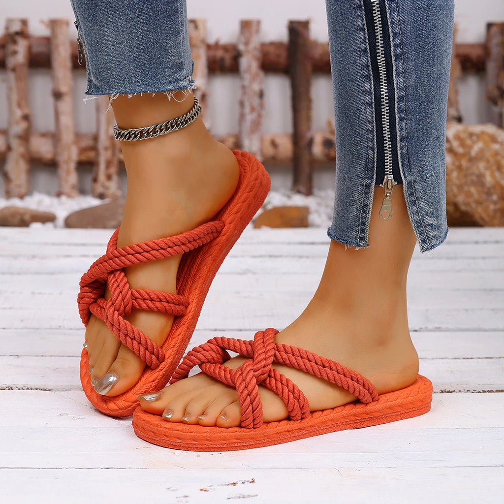 Women Slippers Anti Slip Wear-resistant Shoes Fashion Trend Linen Belt Slippers Soft Bottom and Flat Bottom Sandals Slides Women Zpaxo Orange 36