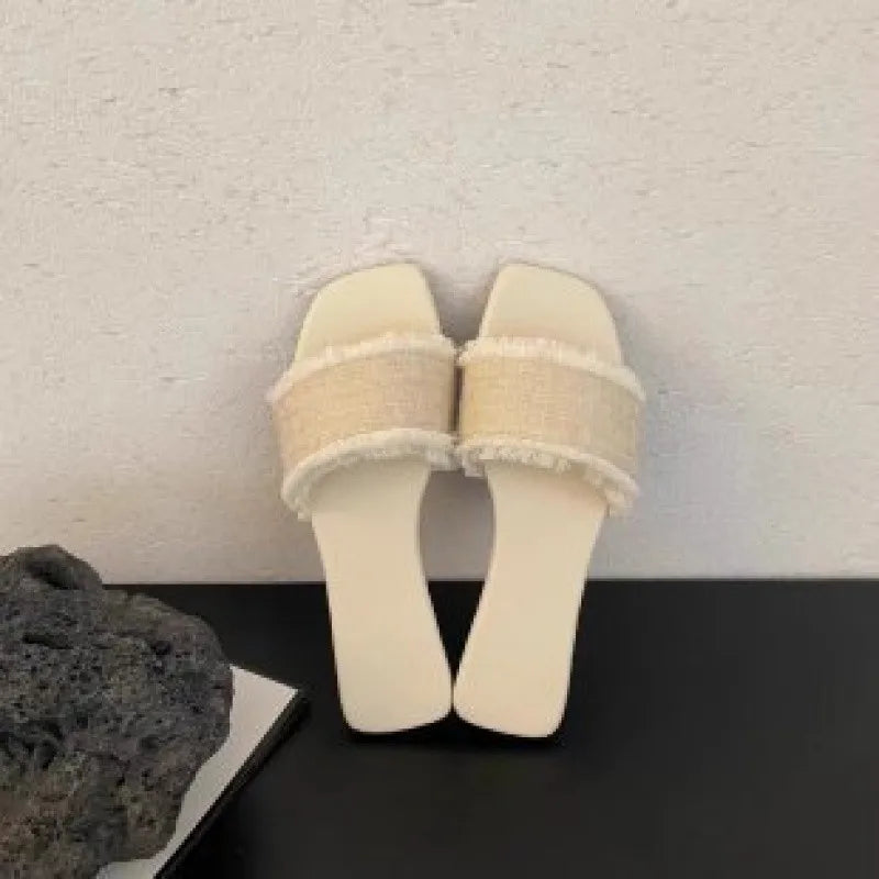 Women's Slippers Solid Color Open-toe Set Foot Vacation Beach Flat Sandals Casual Flip Flops Summer Indoor Women Slides Shoes Zpaxo rice white 35