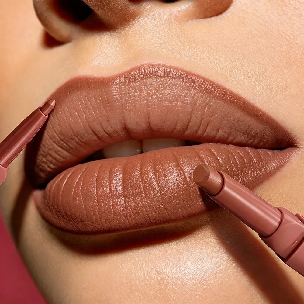 2-in-1 Matte Lip Liner Pencil Velvet Lipstick Crayon Waterproof Smudge-Proof Easy Precision Brown Lip Contouring Charming Makeup Zpaxo