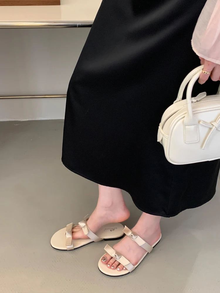Sandals Women French Flat Shoes for Women's Outdoor Spring/summer 2025 New Toes Bow Half Slippers Ladies Shoes Zpaxo Apricot 37