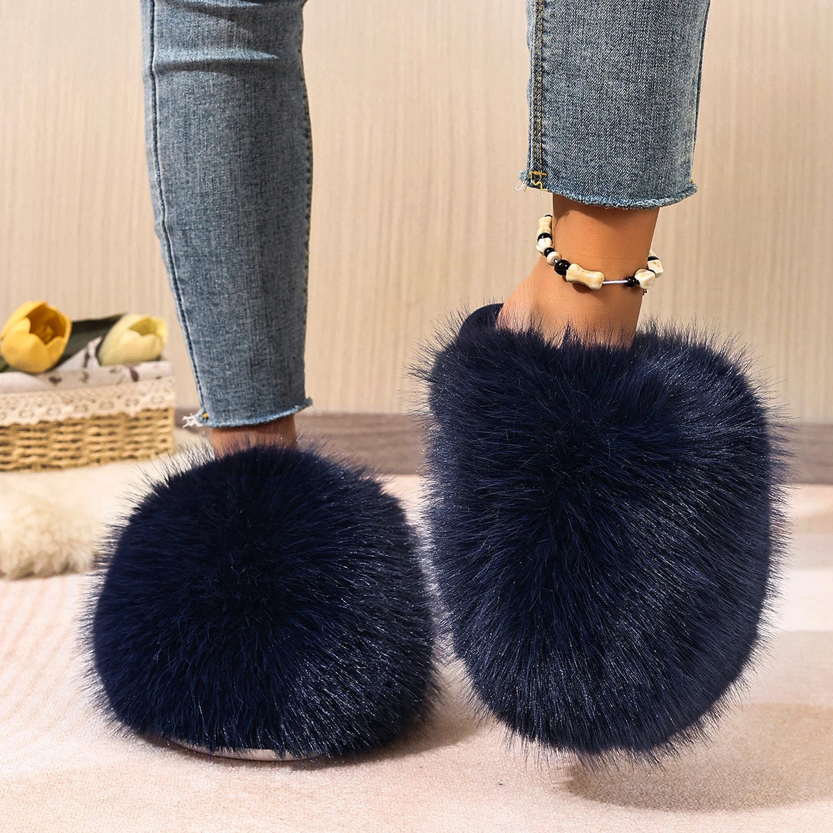 Winter Women Indoor Slippers Fashion Faux Fur Home Shoes Women Trend Soft Sole Warm Fluffy Slippers Solid Baotou Slides Women Zpaxo Blue 38-39