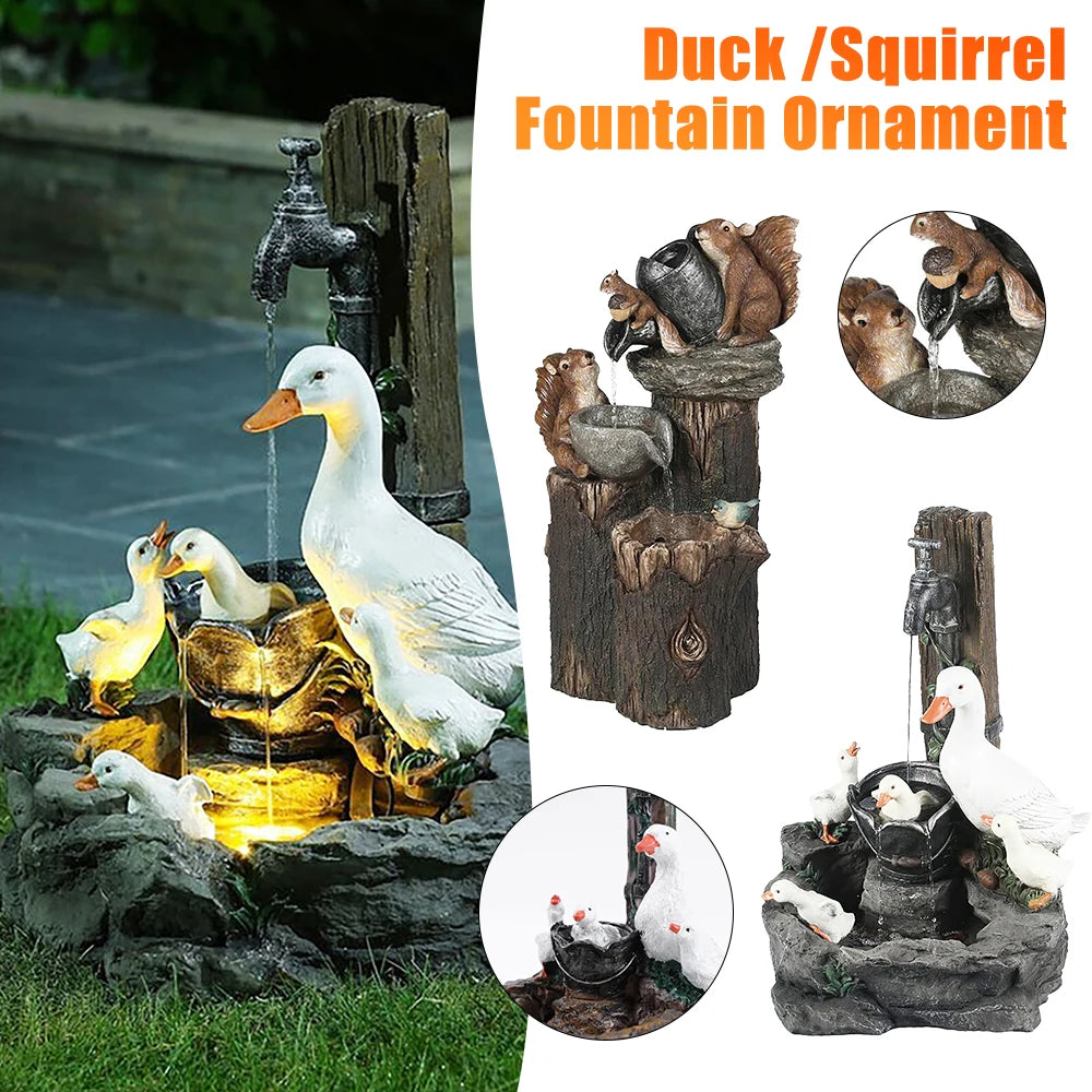 Duck Squirrel Solar Fountain Ornament Garden Family Creative Statue