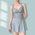 Swimming Suit for Women Solid Color Slimming One-piece Dress Style Conservative Waist Tightening Slimming Vacation Swimsuit Zpaxo A blue XL