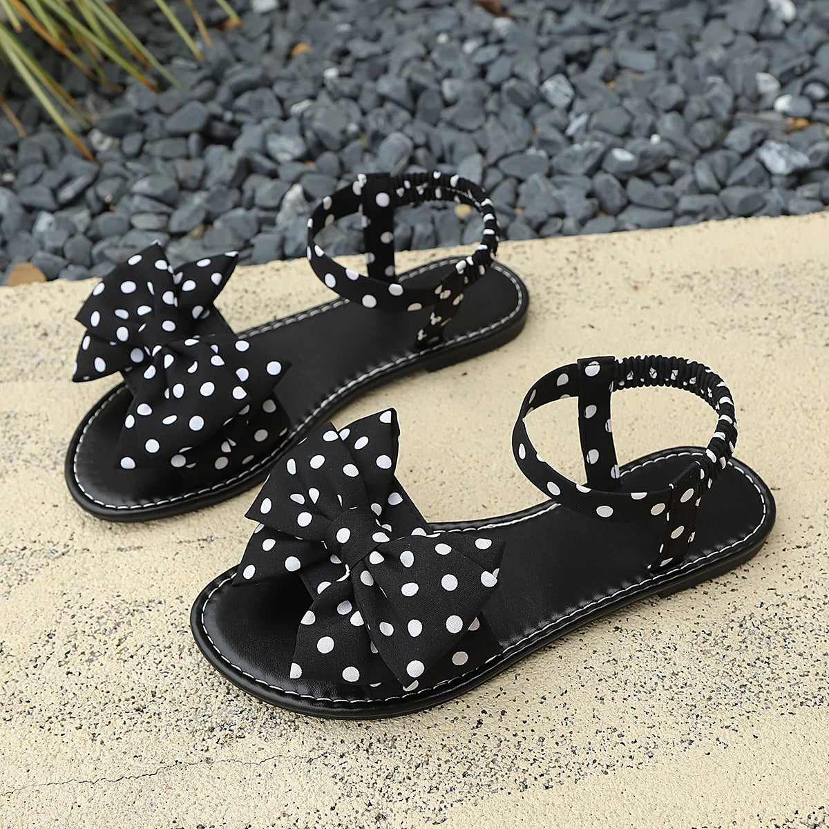 Women's Elastic-strap Flat Sandals Polka-dot Bow Multi-color Zpaxo