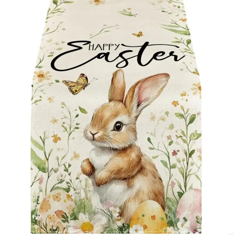 Linen Table Cover Colorful Bunnies Eggs Print Easter Spring Washable