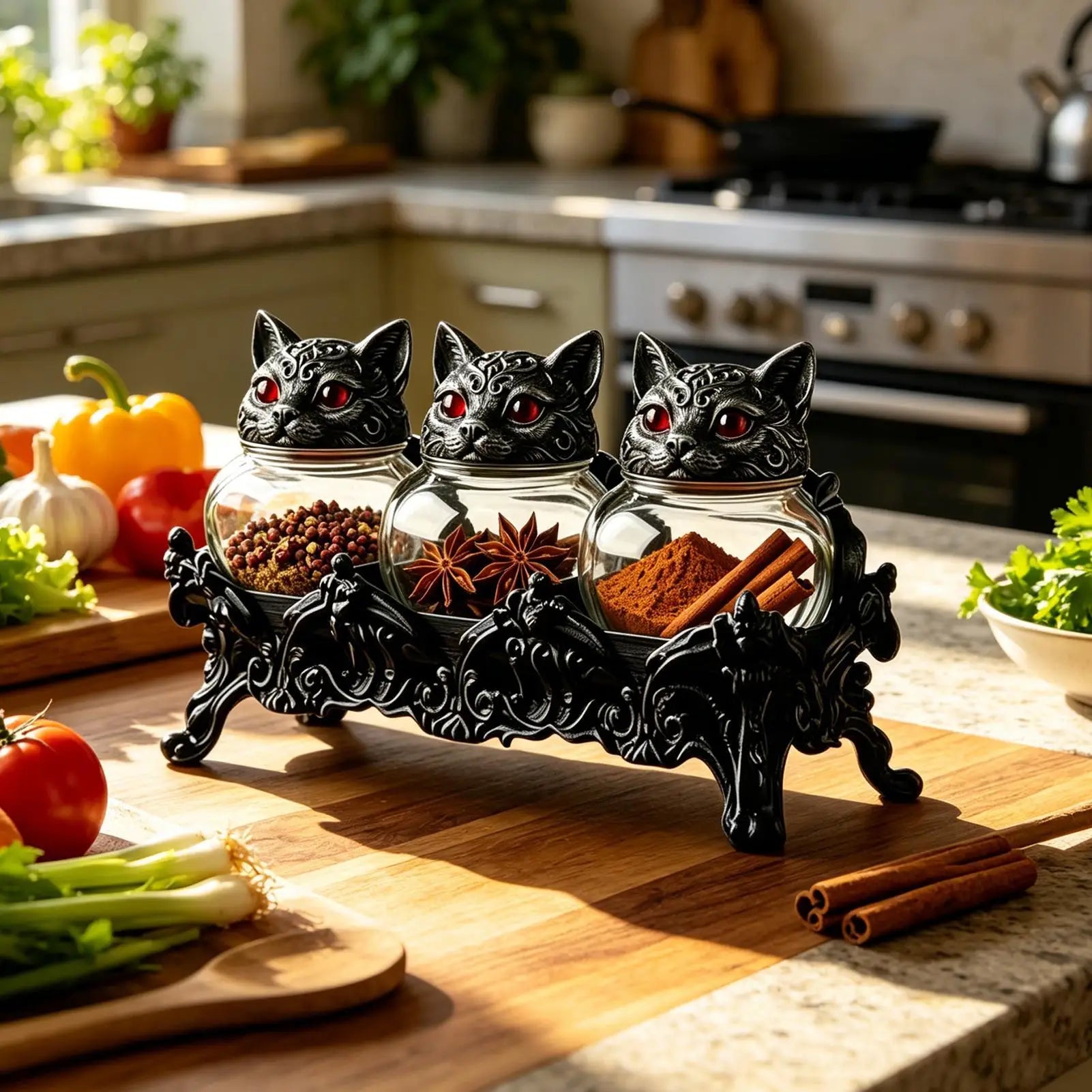 Glass Jar 3 Piece Cat Head Airtight Gothic Tea Containers seasoning Jars with Lids for Salt Pepper Tea Leaves Kitchen Dining Zpaxo