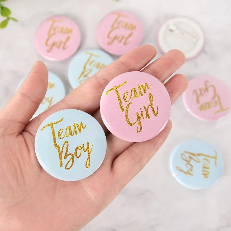 Team Boy Girl Button Pins Gender Reveal Tinplate Badges Guests Party
