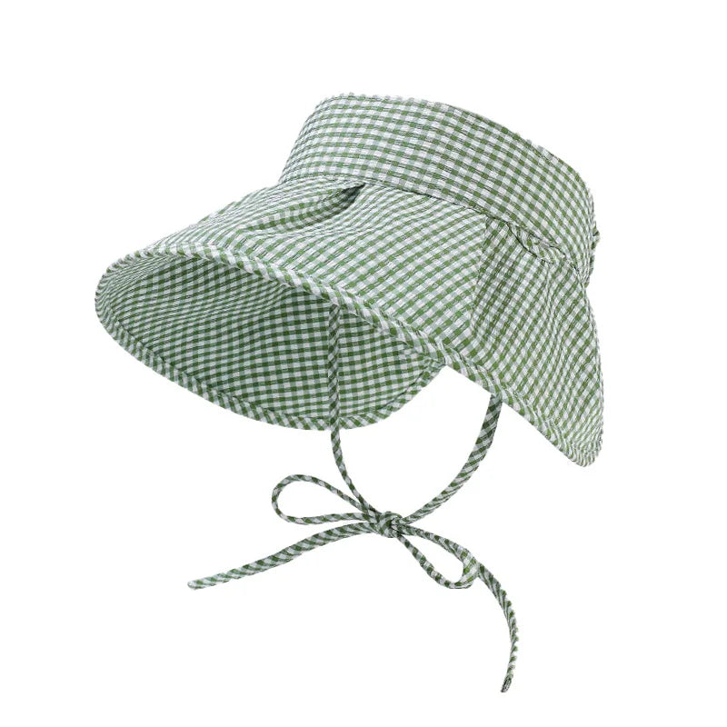 Butterfly knot checkered fisherman hat women's summer small fresh travel sun hat big brim to show face small sun hat Zpaxo green visor cap