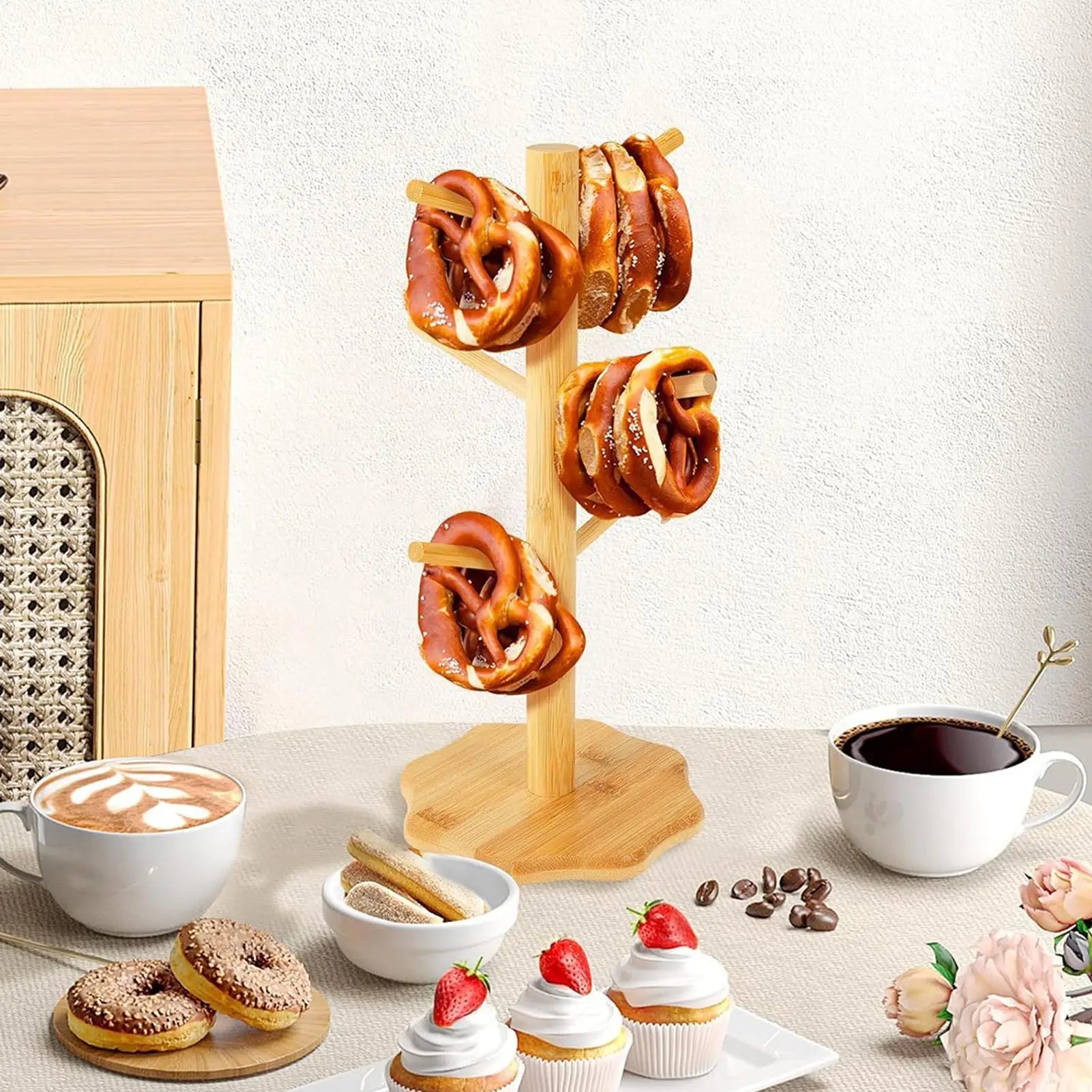Wooden Tree Shape Pretzel Display Stand Donut Sausage Organizer Space