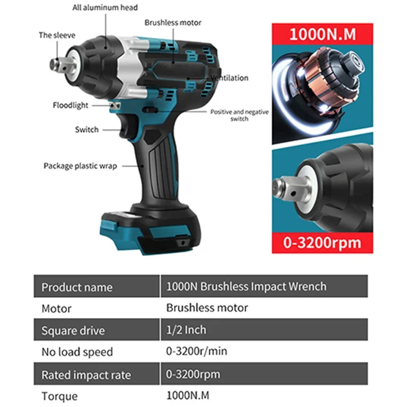 18V Brushless 1500W 1800N M Torque 1 2 Impact Wrench Fit Makita