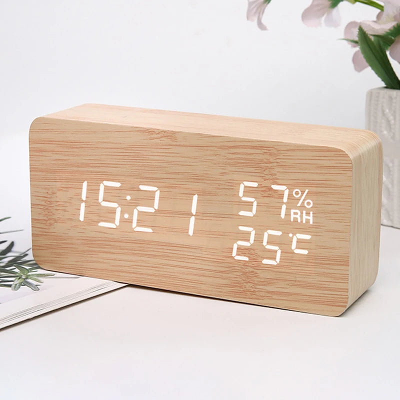 Wooden Temperature Humidity Display Clock Simple LED Silent Desktop