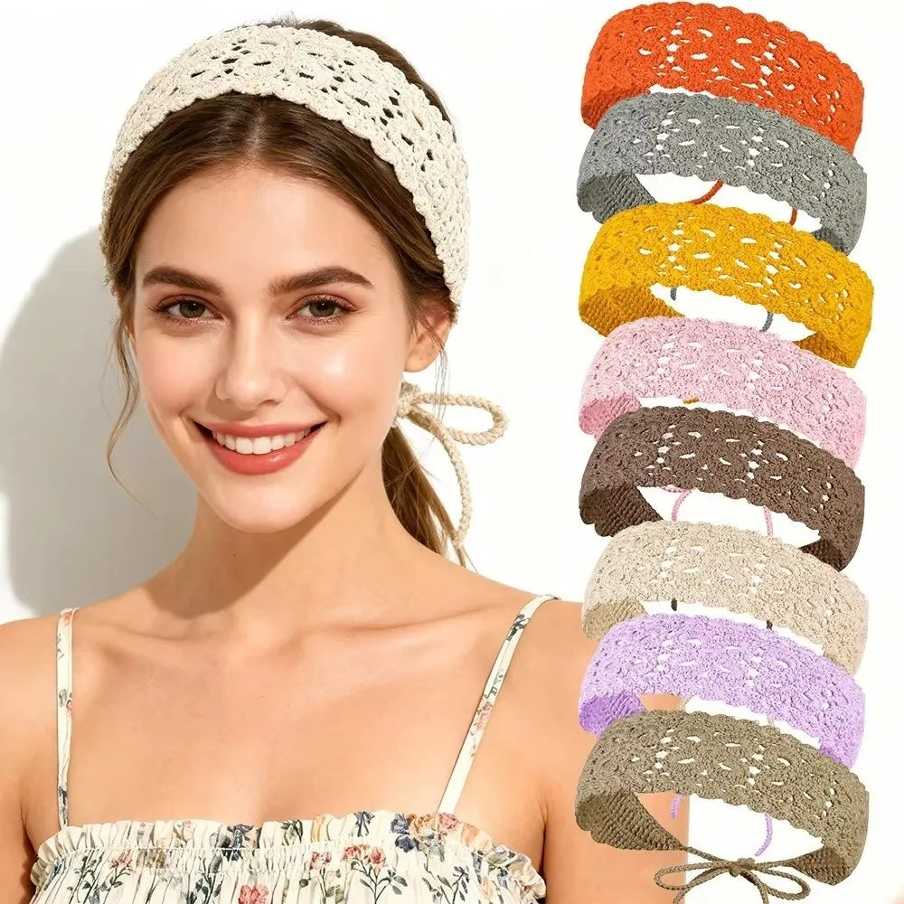 Boho Floral Headband Handmade Solid Color Knit Hair Band Hollow Out Crochet Hair Scarf Zpaxo