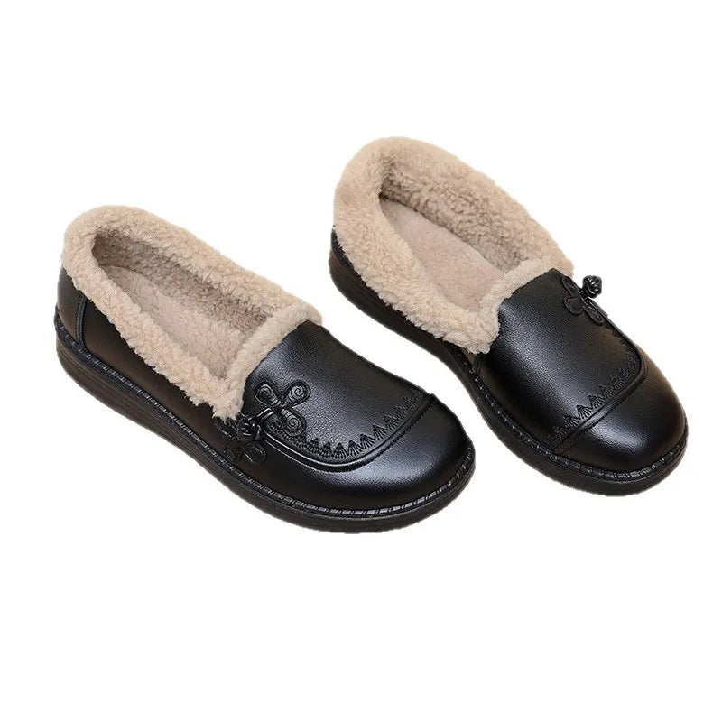 Black Leather Winter Loafers Women Plush Lining Chinese Knot Zpaxo