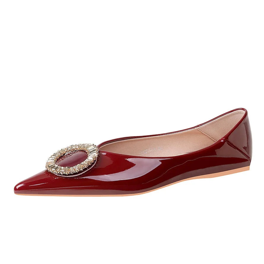 Flat Shoes for Women Spring and Autumn Shiny Patent Leather Shallow Mouth Pointed Metal Rhinestone Buckle Ladies Shoes Women Zpaxo