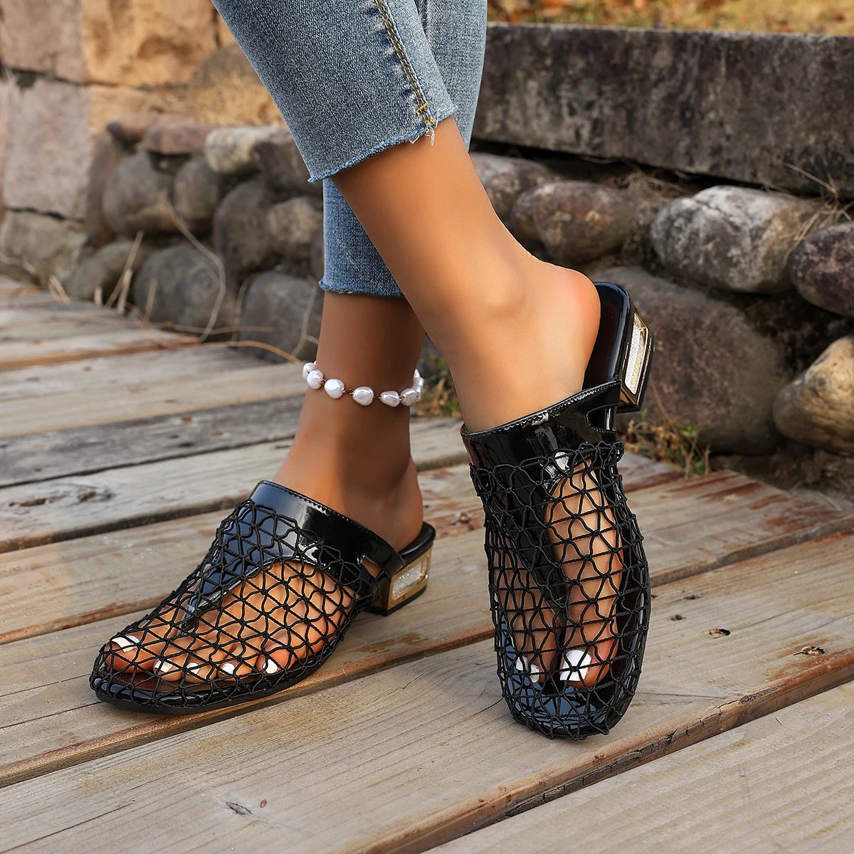 Women Sandals Handmade Hollow Out Pinch Toe Shoes Summer Square Toe Shoes for Women Fashion Slippers High Heels Chunky Heels Zpaxo black 41