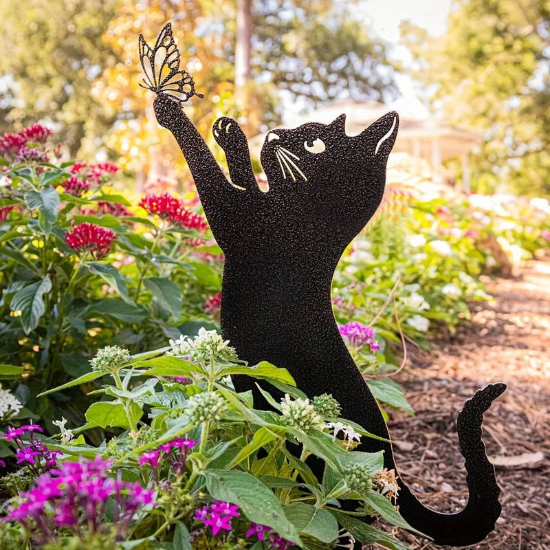 Black Cat Silhouette Garden Decorative Ground Plug Metal Handmade