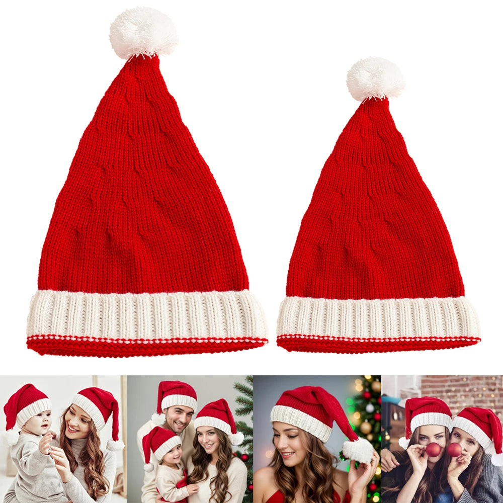 Christmas Knitted Hat Adult Kids Cute Pompom Soft Beanie Santa Year