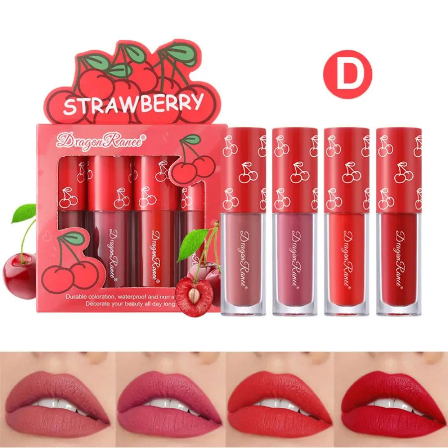 Mini Velvet Matte Lip Gloss Set, 4-Piece Non-Fading, Non-Stick Cup, Long-Lasting Fruit Scented Lip Tint, Smooth and Lightweight Zpaxo D8018D