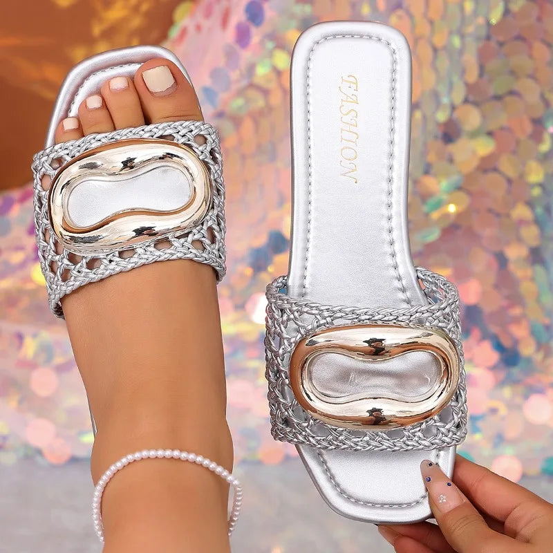 Women's Summer Weaving Breathable Metal Buckle Embellishment Square Zpaxo Silver 39