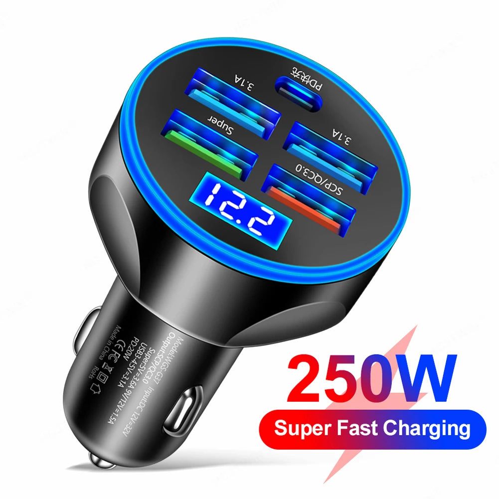 250W 5 Ports Car Charger Fast Charging PD QC3.0 USB C Car Phone Charger Type C Adapter in Car For IPhone Samsung Huawei Xiaomi Zpaxo Black