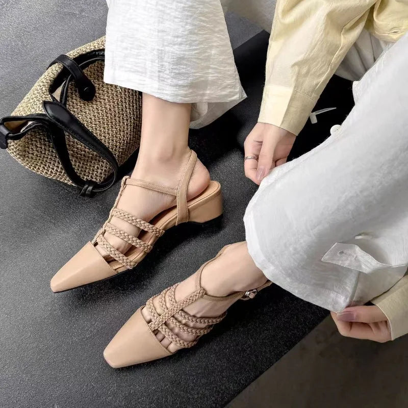 Women's Summer Square Toe Closed Hollow Out Comfortable Sandals Women Zpaxo apricot 38