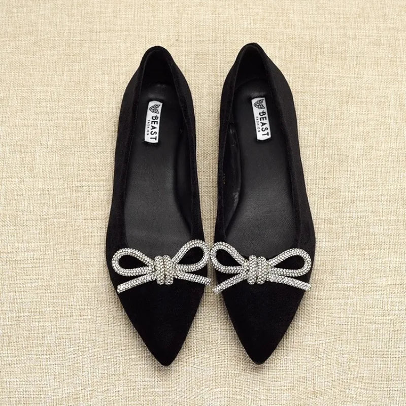 Flat Shoes for Women Spring Autumn New 2025 Butterfly Bow Diamond Velvet Pointed Toe Shallow Mouth Flat Plus Size Women's Shoe Zpaxo