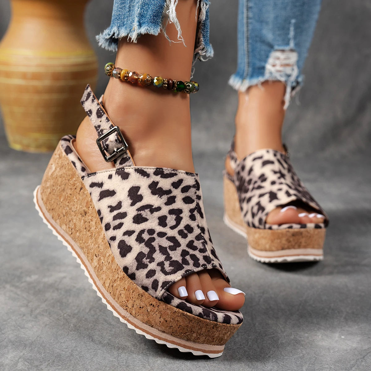 Women Buckle Decor Heel Wedge Sandal Mujer Pleated Leopard Sandals Zpaxo Black leopard print 41