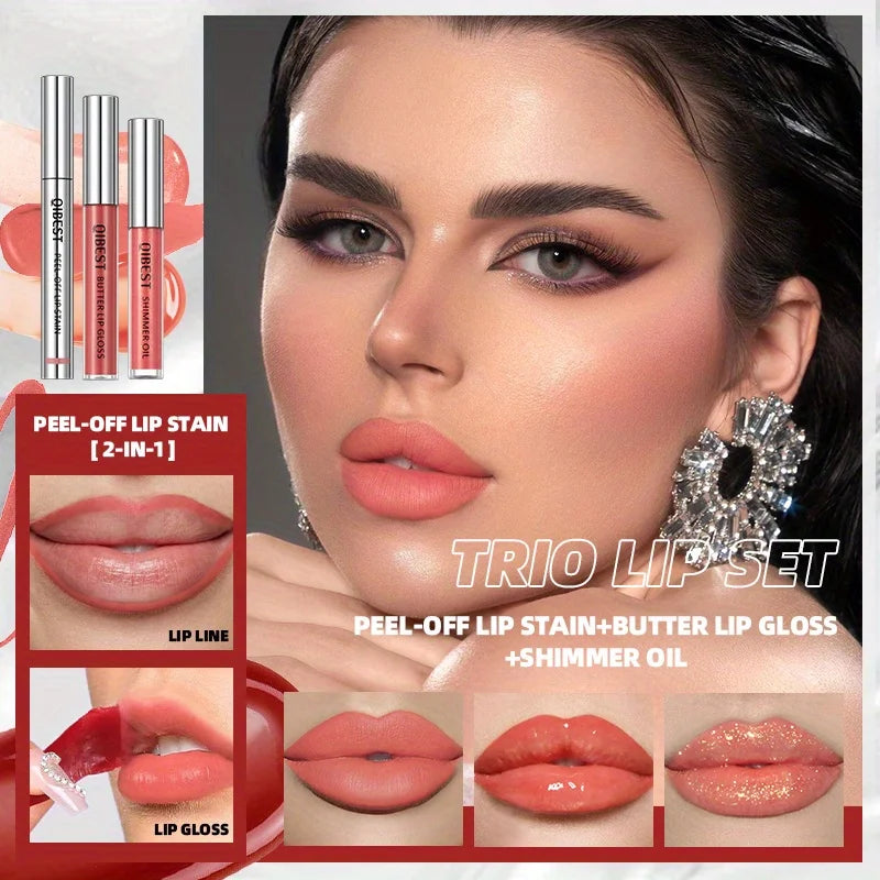 3-Pack non-stick cup matte pattern embroidery peel-off tear-off lip gloss lip line easy-to-color mirror pearlescent lip oil set Zpaxo
