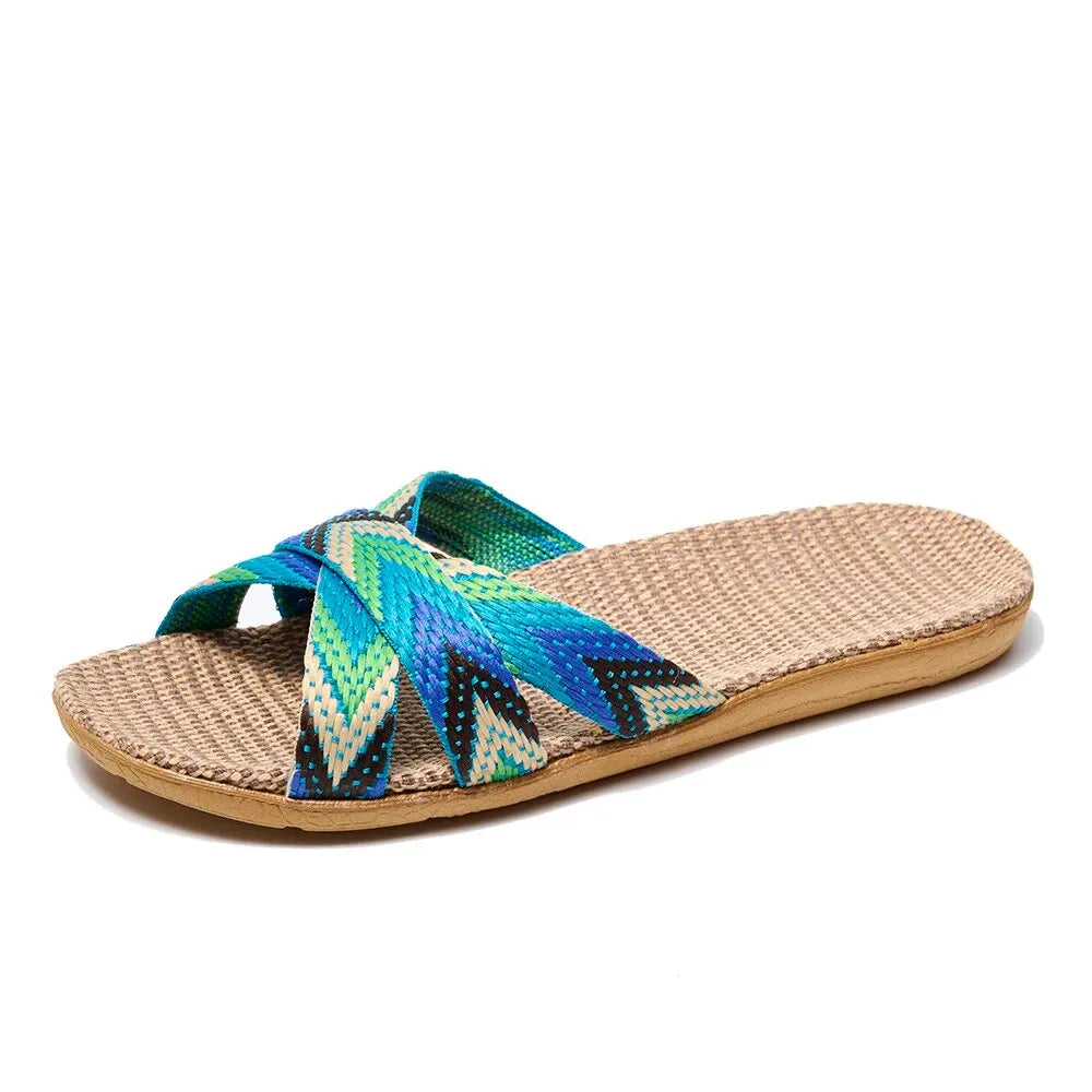 Indoor Slippers Women Home Shoes Lightweight Linen Couple Zpaxo Blue 39-40