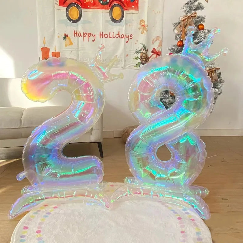 Iridescent Transparent Standing Number Balloons Crown 0-9 Digital