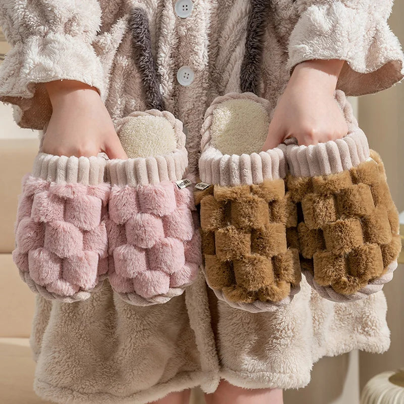 Fashion Couple Winter Toe Wrap Warm Plaid Cotton Slippers Thick Soft