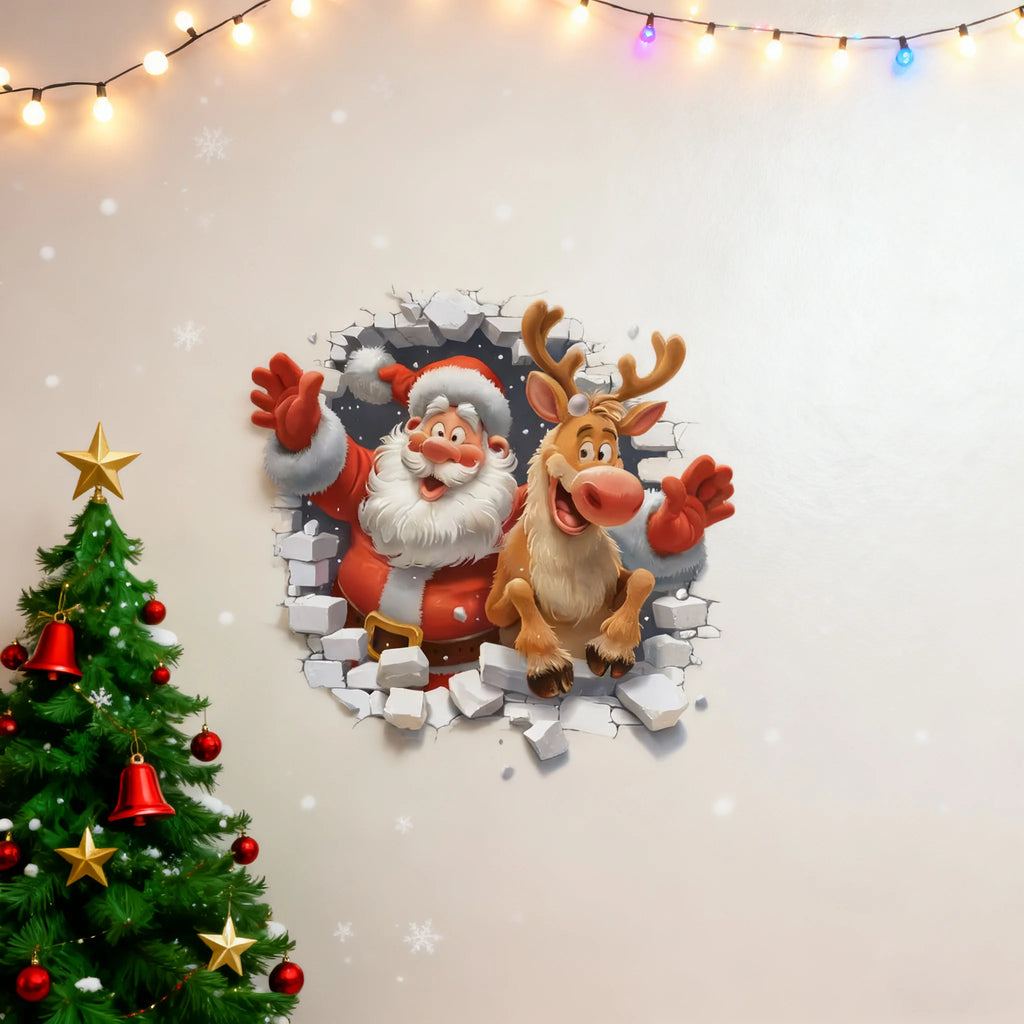 3D Santa & Reindeer Christmas Wall Stickers – Removable PVC