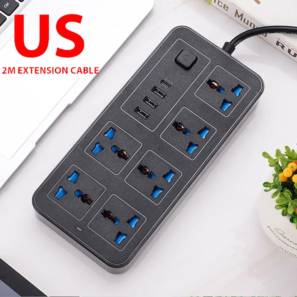 Universal Power Strip TypeC USB Port Outlet Power Strip 2M Extension Cord AC Power Socket Charge Electrical Socket EU US UK Plug Zpaxo Black US
