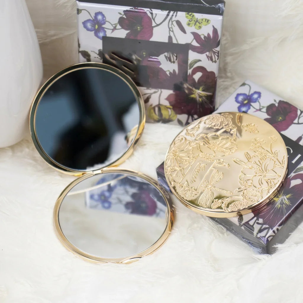 Vintage Gold Folding Compact Makeup Mirror – Floral Design